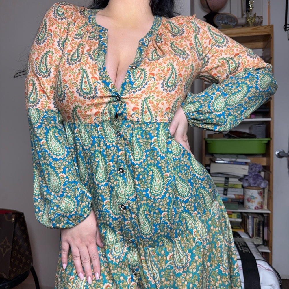 Floral Paisley Print Button-Down Dress
